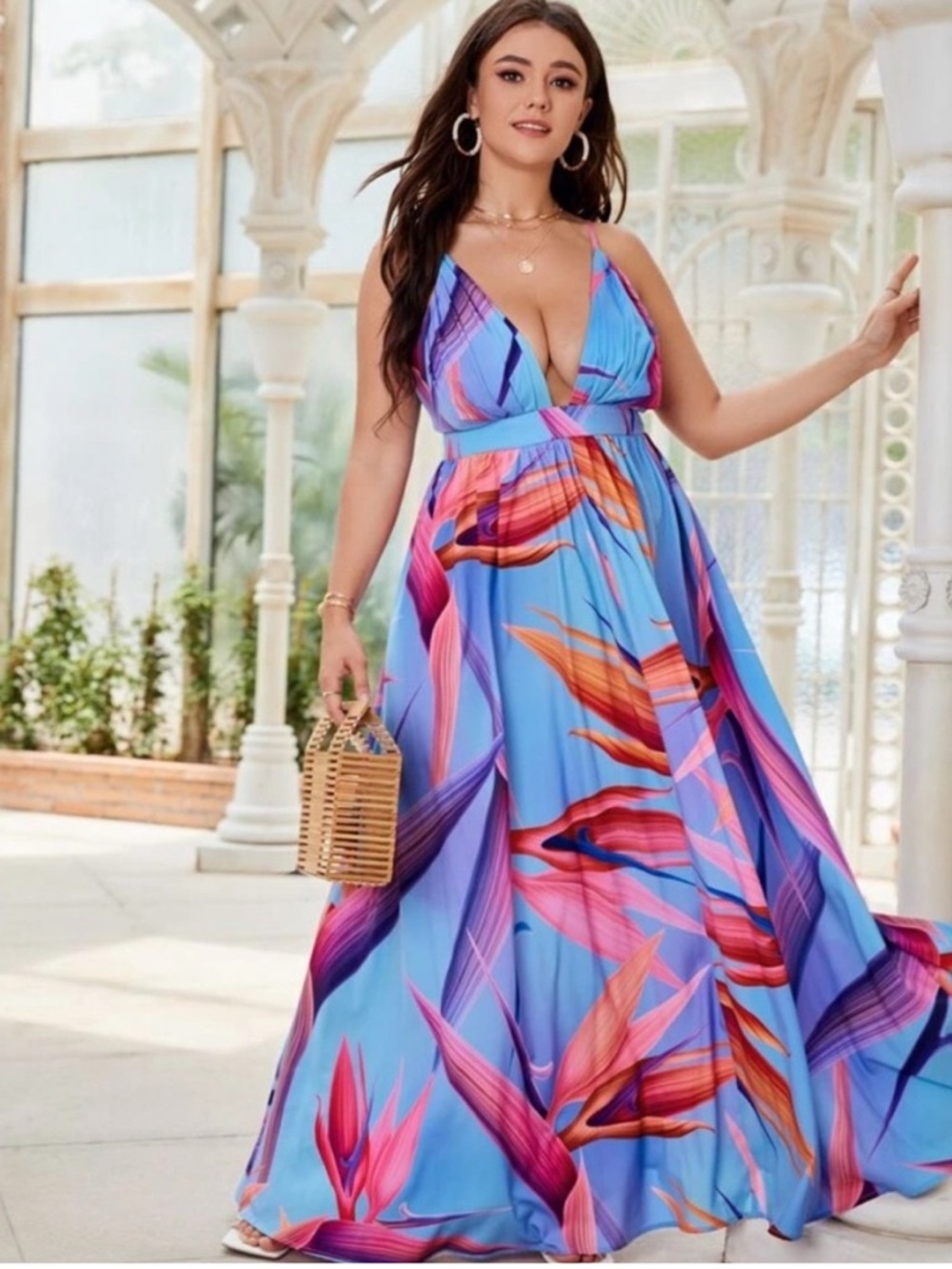 SHEIN Blue Tropical Print Maxi Dress with Pink & Orange Accents